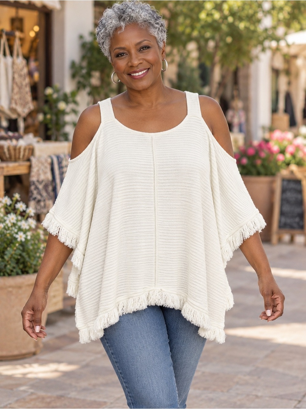 Chico's Cream Cold-Shoulder Fringe sweater